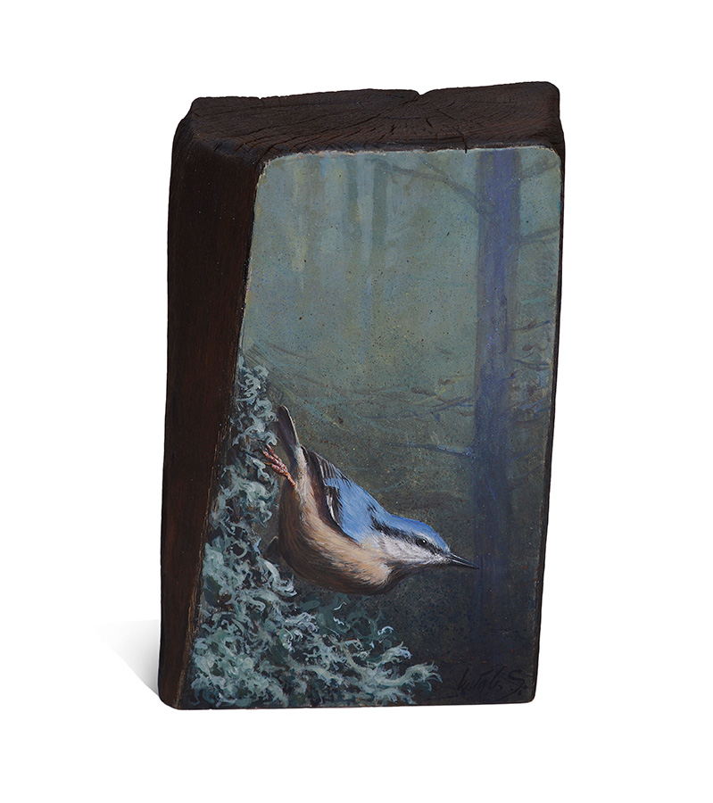 Trepador azul / Eurasian nuthatch / Sitta europaea – Acrílico sobre madera de cerezo / Acrylic painting on cherrywood – 19,5x12,5x6,2cm - © Lucía Gómez Serra